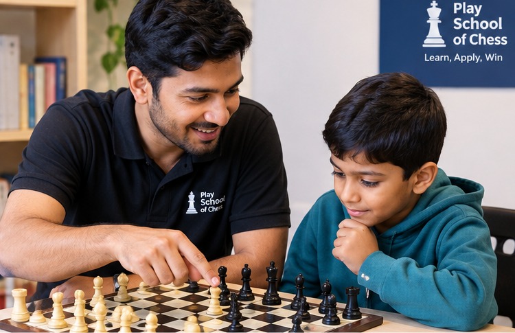 Chess coach teaching a child at a chessboard