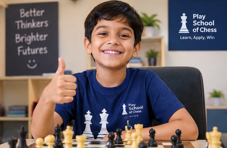 Happy chess student smiling beside a chessboard