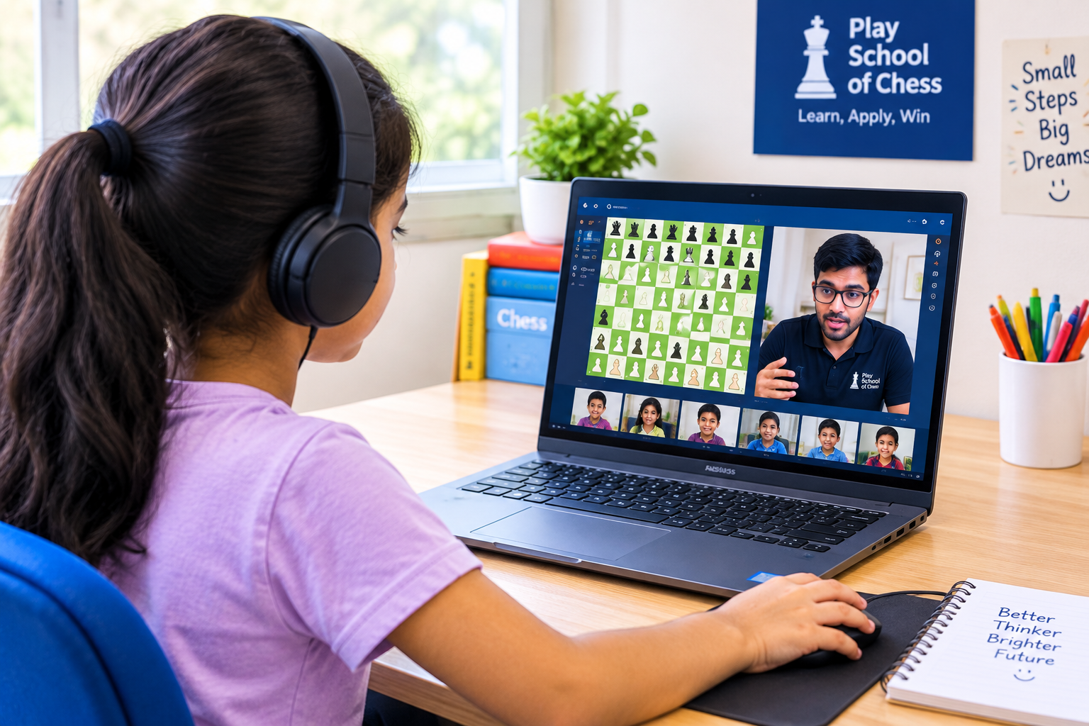 Child attending a live online chess class on a laptop